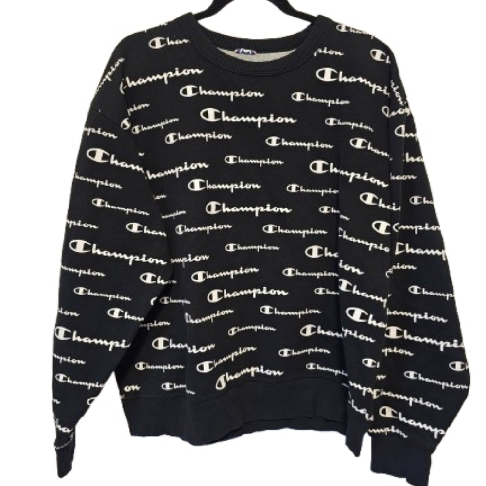 Champion Black and White Logo Graphic Crew Neck Sweat Shirt Men's Size Large